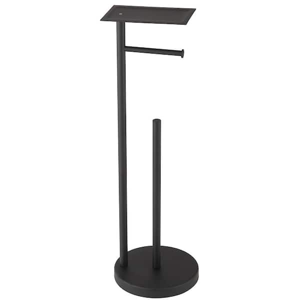 Freestanding Toilet Paper Holder with Top Storage Shelf in Matte Black