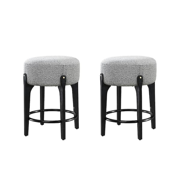 LuXeo Ellie 24 in. Black Backless Wood Counter Stools with Gray Boucle Fabric Seat Set of 2