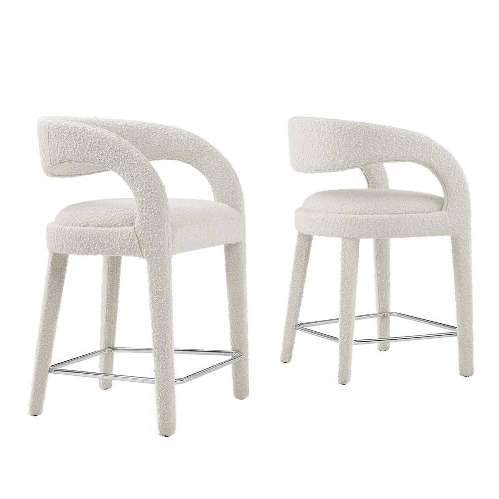 Ivory Boucle Upholstered Counter Stools with Curved Backrest, Set of Two