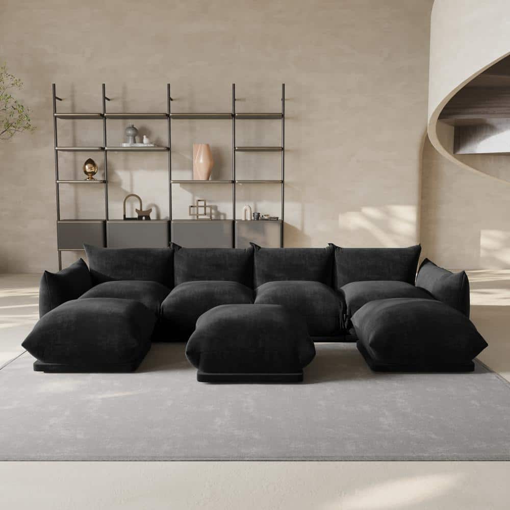 Modern 131 in. Flared Arm 7-Piece Chenille 4 Seater Modular Convertible Couch Sectional Sofa with 3 Ottomans in. Black price history on PriceWatchPro