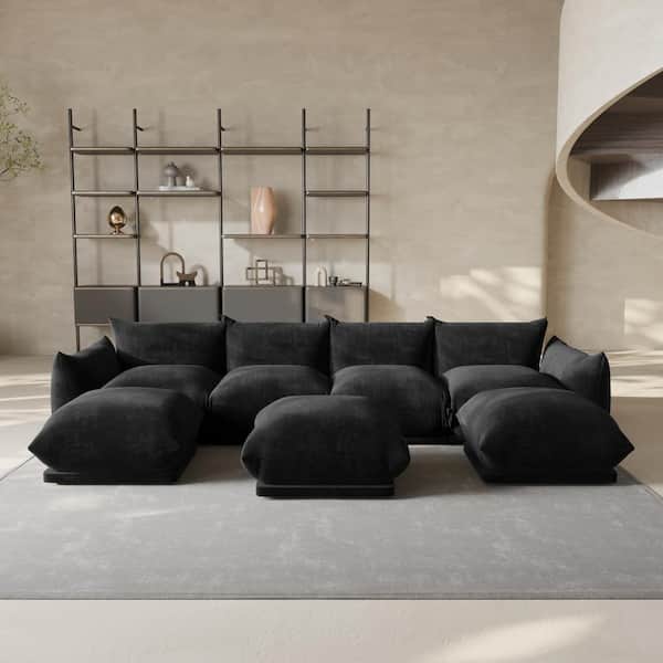 Magic Home Modern 131 in. Flared Arm 7-Piece Chenille 4 Seater Modular Convertible Couch Sectional Sofa with 3 Ottomans in. Black