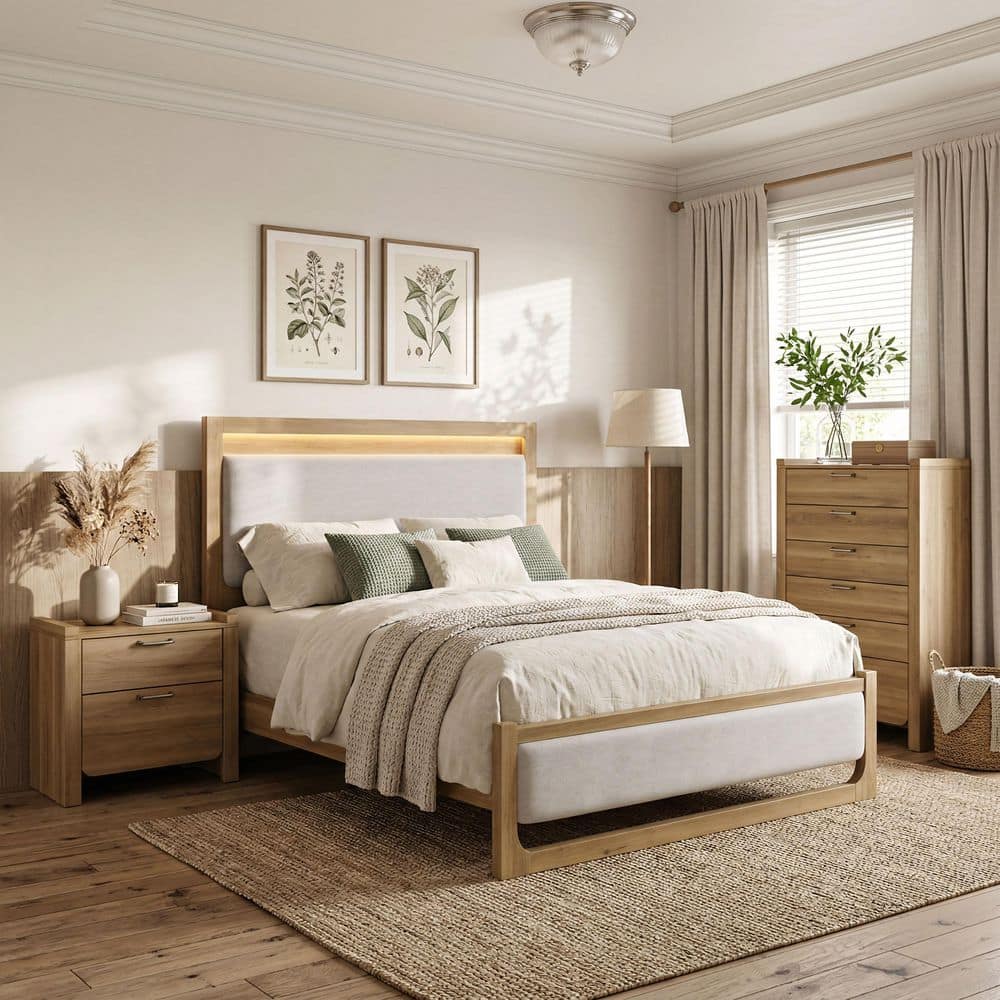 Toketh Transitional 3-Piece Natural Upholstered Wood Queen Panel Bedroom Set with Nightstand and Chest
