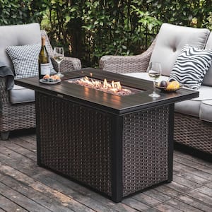 44 in. Rectangle Brown Aluminum Propane Gas Wicker Fire Pit Table 50,000 BTU with Fire Glass Stone