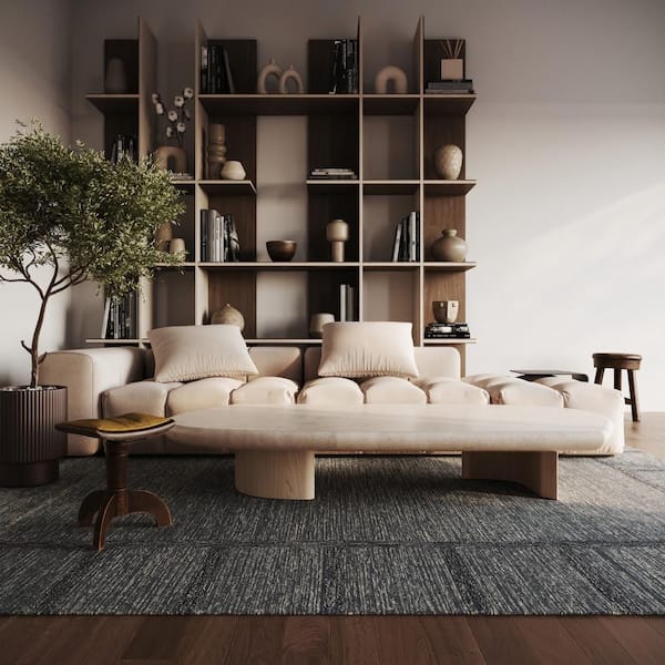 9 ft. x 12 ft. Blue Gea Geometric Bordered Wool Indoor Area Rug