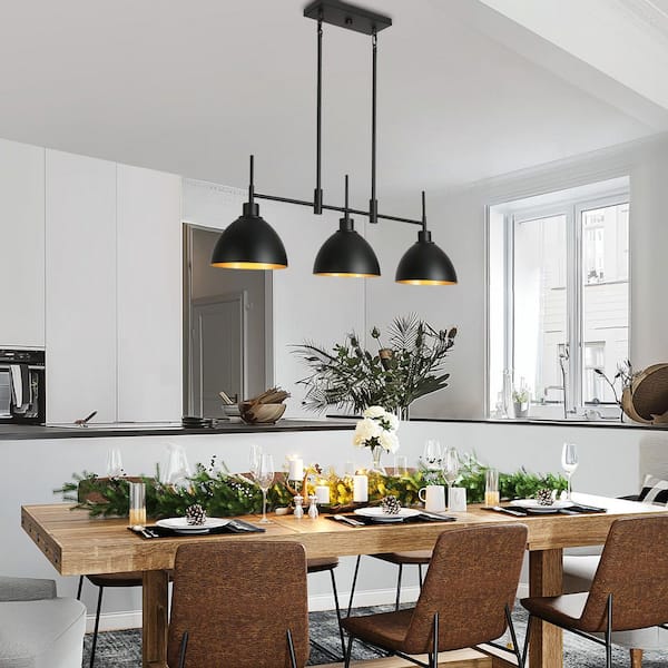 Modern Industrial 33.3 in. 3 Light Dining Room Chandelier with Metal Shade, Black and Gold Pendant Billiard Light