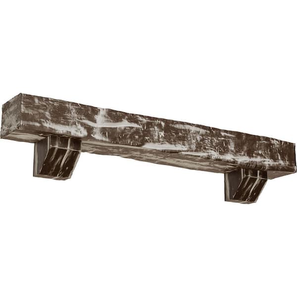Ekena Millwork 8 in. x 8 in. x 5 ft. Riverwood Faux Wood Fireplace Mantel Kit, Ashford Corbels, Vintage Mahogany