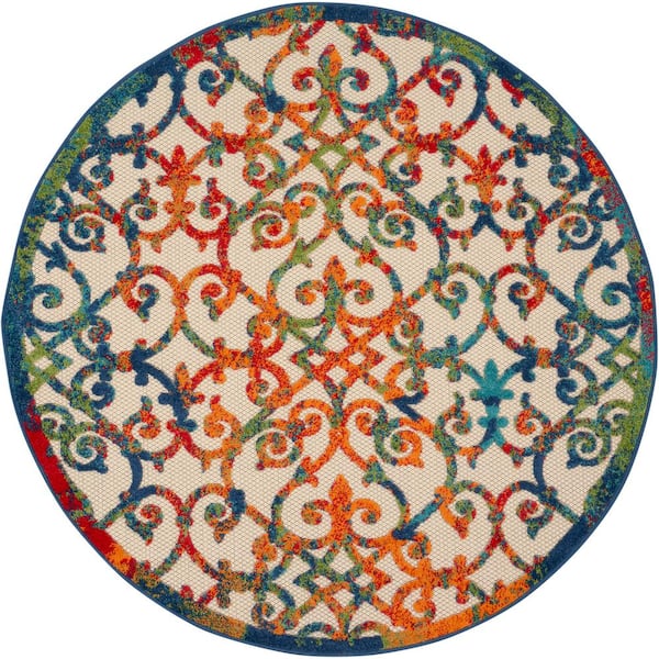 Nourison Aloha Easy-Care Multicolor 5 ft. x 5 ft. Round Moroccan Modern Indoor/Outdoor Patio Area Rug
