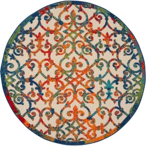 Aloha Easy-Care Multicolor 4 ft. x 4 ft. Round Moroccan Modern Indoor/Outdoor Patio Area Rug