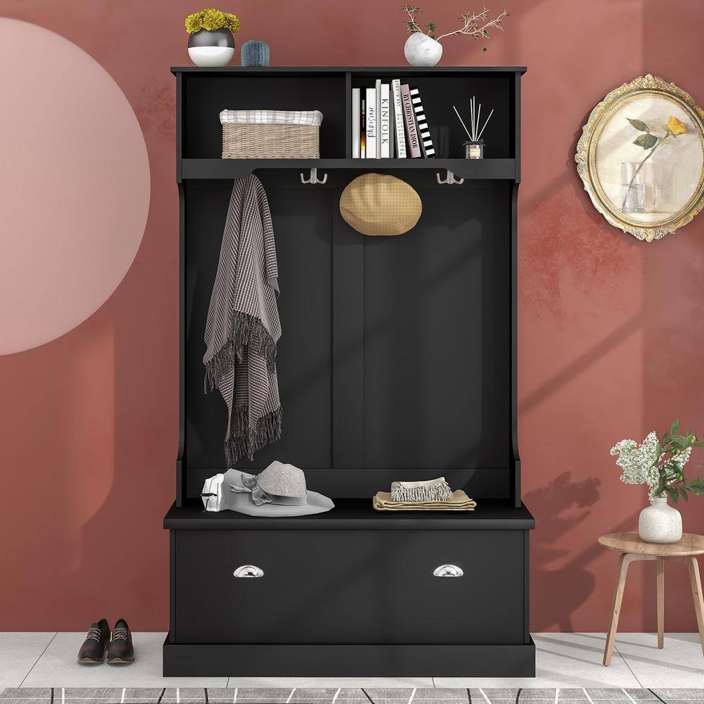 Asucoora Angelique Black 40 in. W x 72 in. H Hall Tree with Shoe Bench ...