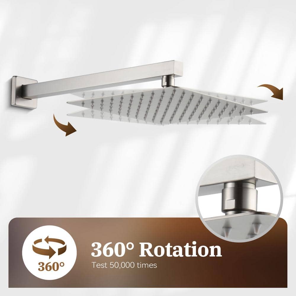Brushed Nickel Wall-Mounted Square Rain Shower System with Handheld Spray
