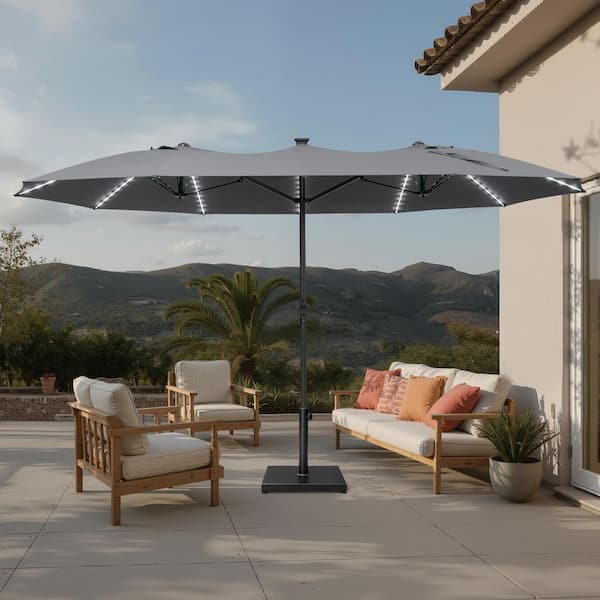 5.5' patio umbrella Garvee Solar Powered LED Patio Umbrella - 10'x6.5' Rectangular Outdoor Market Table Parasol - Navy Blue - Crank Lift & Push Button Tilt