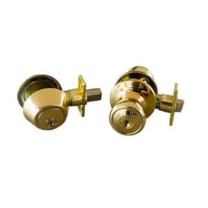 Terrace Polished Brass Entry Door Knob and Single Cylinder Deadbolt Combo Pack with Universal 6-Way Latch