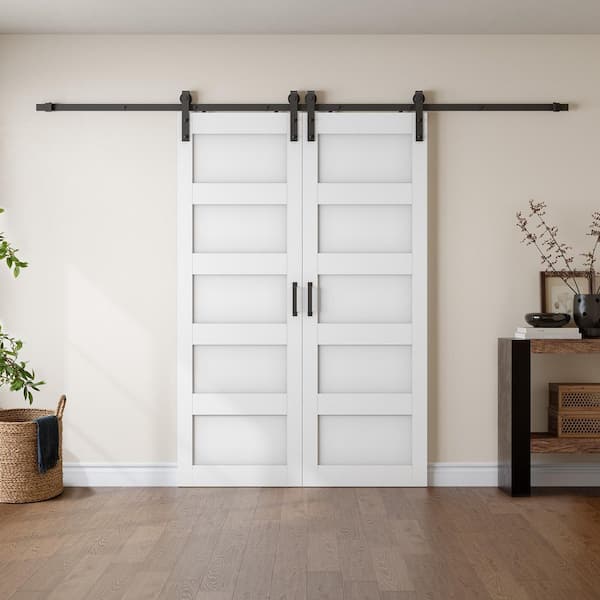 64 in. x 84 in. (Double 32 in. ) 5-Panel White Finished Composite Double Sliding Barn Door with Hardware Kit