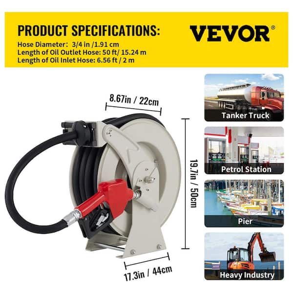 VEVOR Fuel Hose Reel 3/4 in. x 50 ft. Extra Long Retractable Diesel Hose  Reel with Automatic Refueling Gun for Ship, Vehicle CYR50FT34INCHD7NEV0 -  The Home Depot