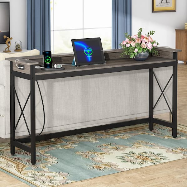 Turrella 70.9 in. Gray Rectangle Wood Console Table with Outlets and USB Ports, Extra Long