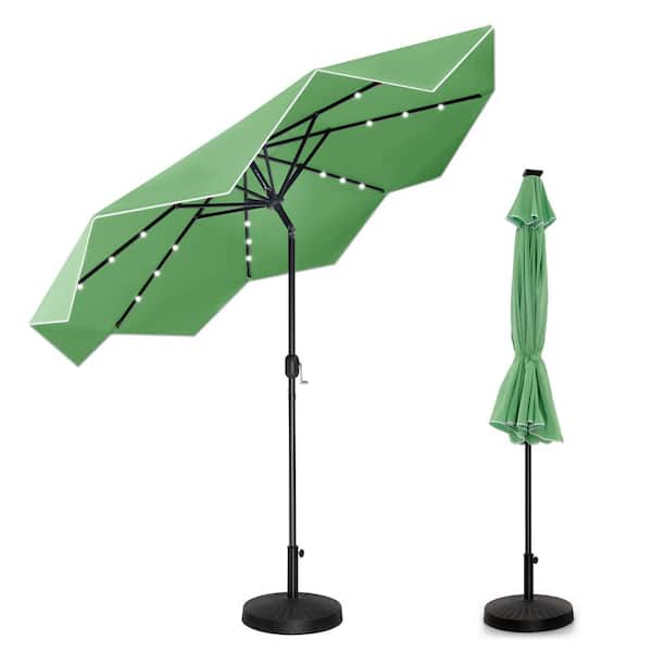 PHI VILLA 10 ft. Metal Market Solar Tilt Patio Umbrella with Lights and Falbala Design in Green