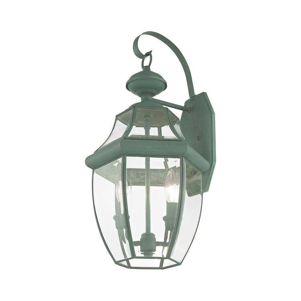 Verdigris Brass Dual-Light Lantern Wall Sconce with Clear Beveled Glass