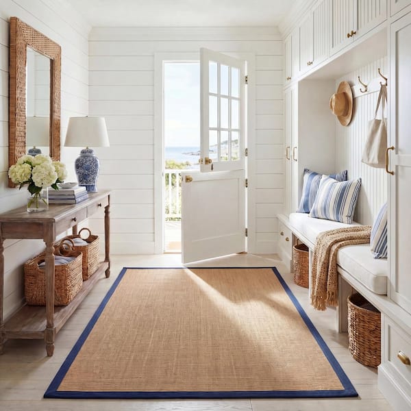 Natural Fiber 9 ft. x 12 ft. Natural/Navy Coastal Bordered Solid Area Rug