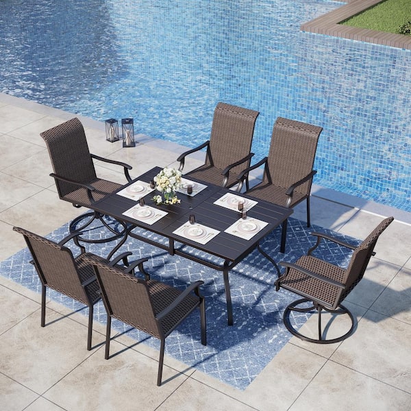 PHI VILLA Black 7-Piece Patio Outdoor Dining Set with Rectangle Slat Table and Rattan Swivel Chair