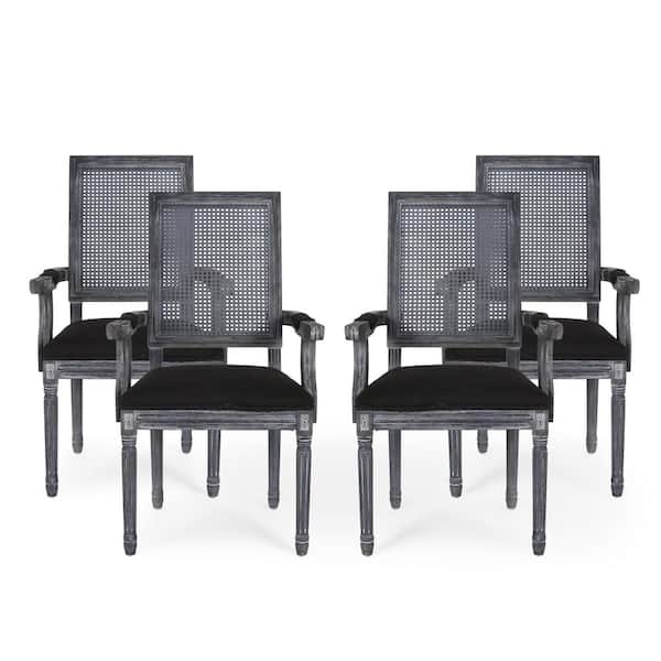 Noble House Aisenbrey Black and Gray Wood and Cane Arm Chair (Set of 4)
