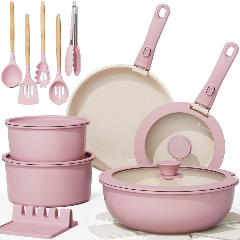 Numhew 21-Pieces Pink Ceramic Pots and Pans Non Stick Cookware Set