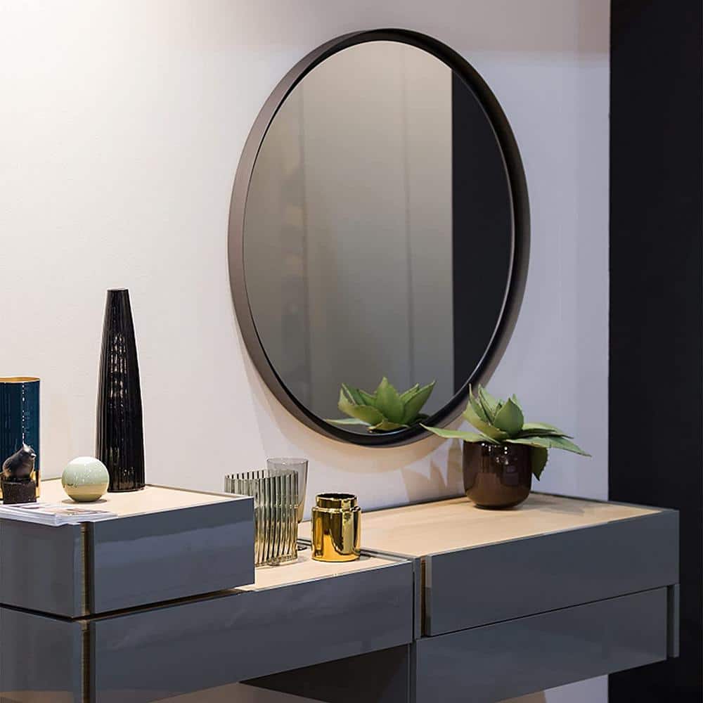 Black 24 in W x 24 in. H Metal Round Bathroom Mirror