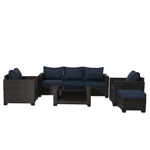 Brown 7-Piece Wicker Outdoor Patio Conversation Sectional Sofa Seating Set with Navy Blue Cushions