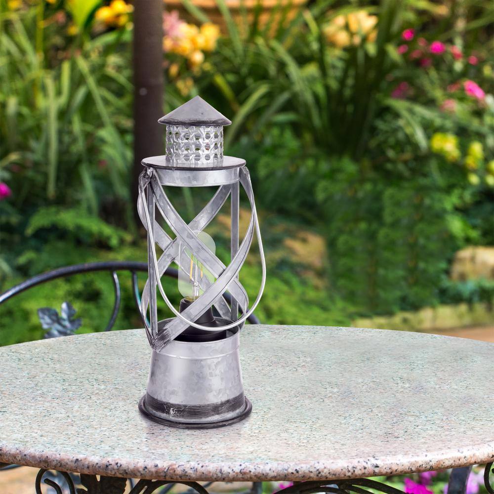 Vintage Silver Metal Hurricane Lantern with LED Lights