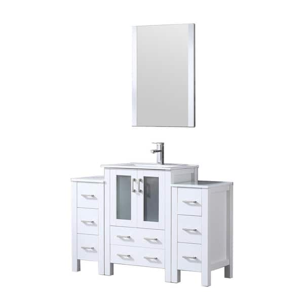 Volez 48 in W x 18.25 in D White Bath Vanity with Side Cabinets, Faucet Set, White Ceramic Top, and 22 in Mirror