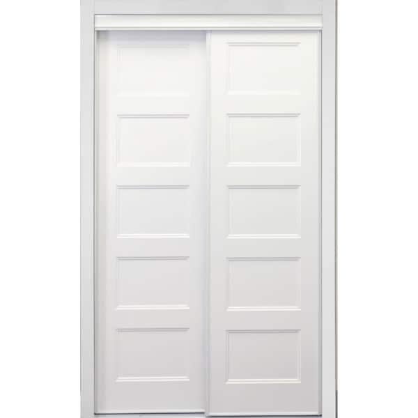 TRUporte Bedford 72 in. x 80.5 in. 5-Panel White Composite Sliding Door Shaker