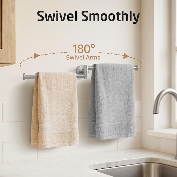 9 in. Wall Mounted Bathroom Kitchen Swivel Towel Bar with 2-Arm in Brushed Finish