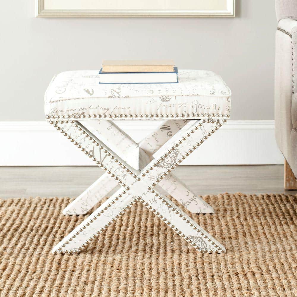 White Cotton Linen Ottoman with Nail Head Trim