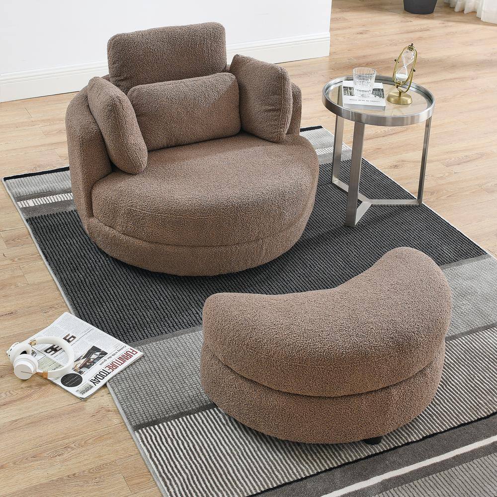 39 in. W Coffee Teddy Fabric Swivel Chair with Moon Storage Ottoman 4 Pillo