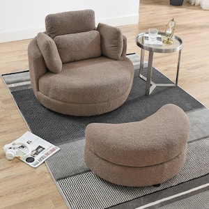 39 in. W Coffee Teddy Fabric Swivel Chair with Moon Storage Ottoman 4 Pillows for Living Room