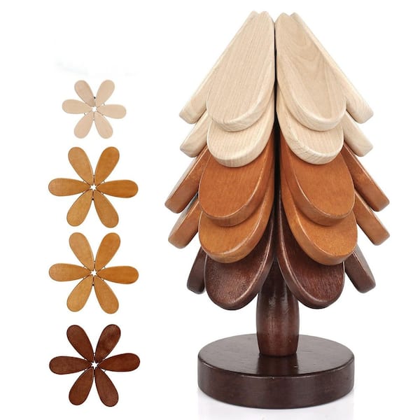 Wooden Trivets for Hot Dishes, Christmas Tree Trivet Coasters for Hot Pot Pans Bowls Drinks Plates (Set of 5)