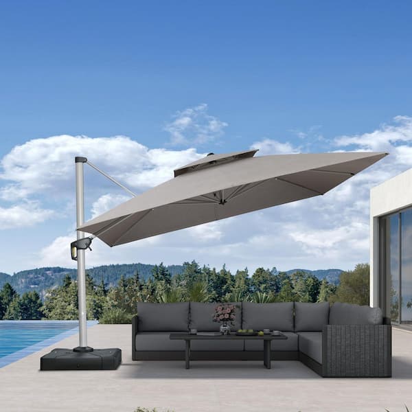 12 ft. Square Sunbrella Aluminum 360° Rotation Silvery Cantilever Outdoor Patio Umbrella with Base in Taupe