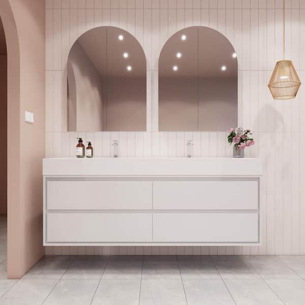 BV Better Vanity Saggie 71 in. W. x 20 in. D x 28 in. H Double Sink Floating Bath Vanity in Gloss White with White Acrylic Top