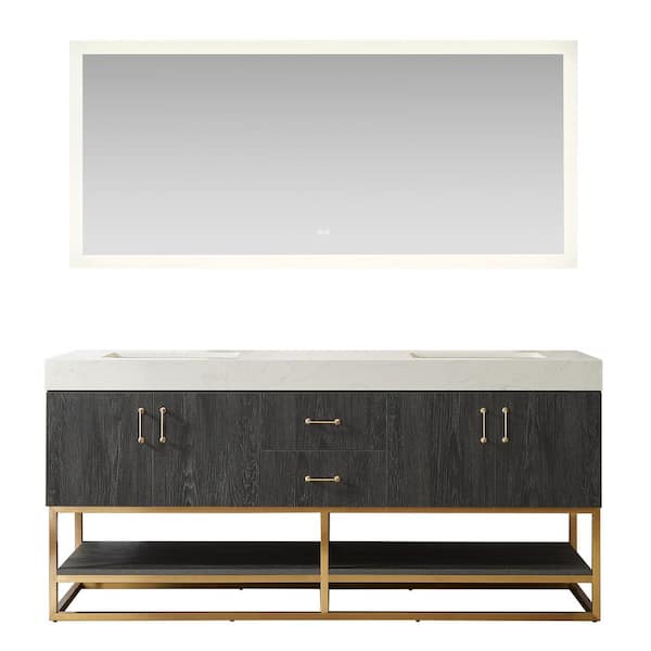 Alistair 72 in. W x 22 in. D x 33.9 in. H Double Sink Bath Vanity in North Black Oak w/ White Grain Stone Top and Mirror