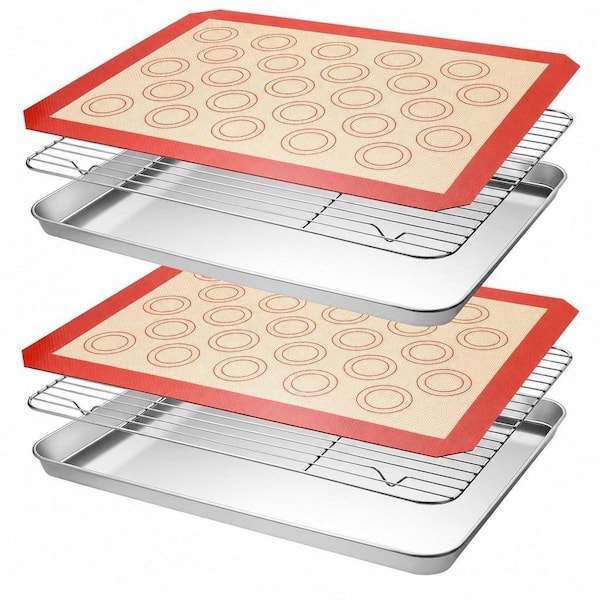 6-Pack Heavy Duty Stainless Steel Baking Sheet Tray Cooling Rack with Silicone Baking Mat Set for Kitchen Baking