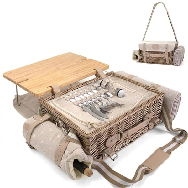 15.7 in Picnic Basket Set for 2 with Insulated Liner, Detachable Table, Blanket and Tableware, Flowers