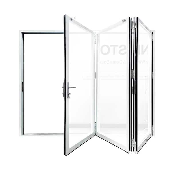 96 in. x 96 in. White Left to Right/Outswing Aluminum Folding Patio Door with Double Tempered Low-E Glass and Lock Set