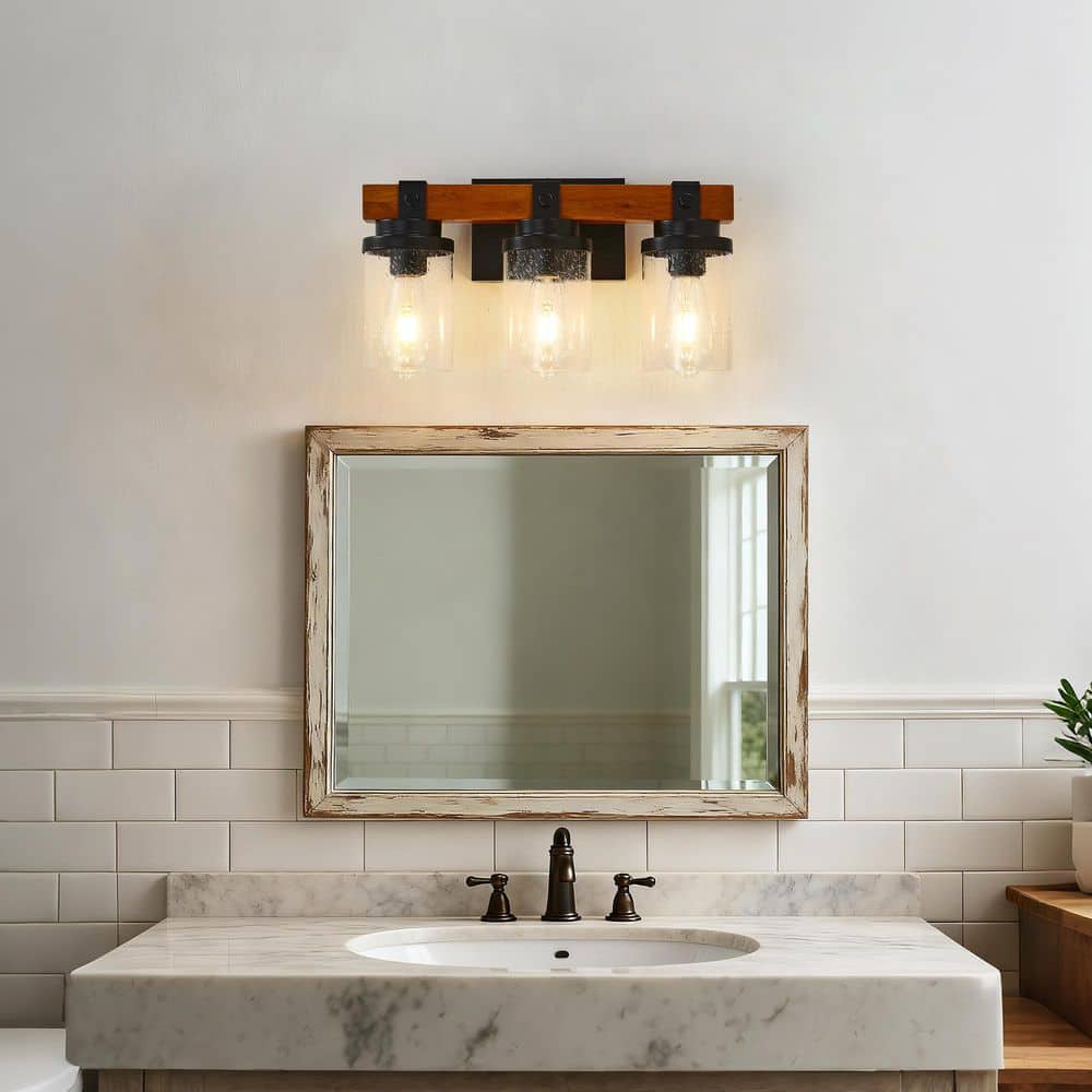 16.14 in. 3-Light Matte Black and Wood Vanity Light with Glass Shade for Bathroom, Living Room (No Bulbs) price history on PriceWatchPro