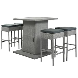 5-Piece Wicker Counter Height Outdoor Dining Table Set with Gray Cushions Stools and Storage Island Table