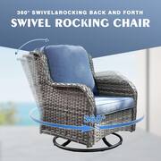 Daydreamer Gray 6-Piece Wicker Patio Fire Pit Set with Denim Blue Cushions and Swivel Rocking Chairs