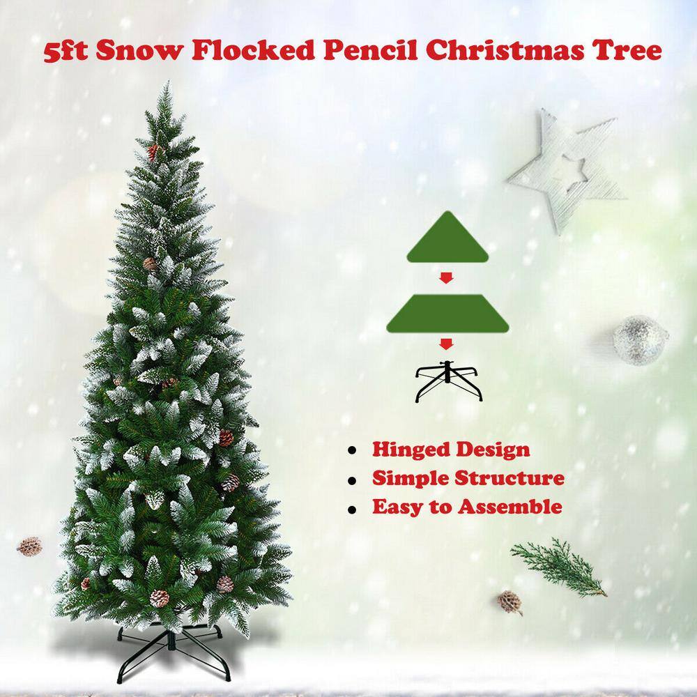 5ft Green and White Snow Flocked Pencil Christmas Tree with Pine Cones