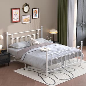 60 in. W White Queen size Classic Metal Platform Bed Frame with Victorian Style Iron-Art Headboard/Footboard Storage