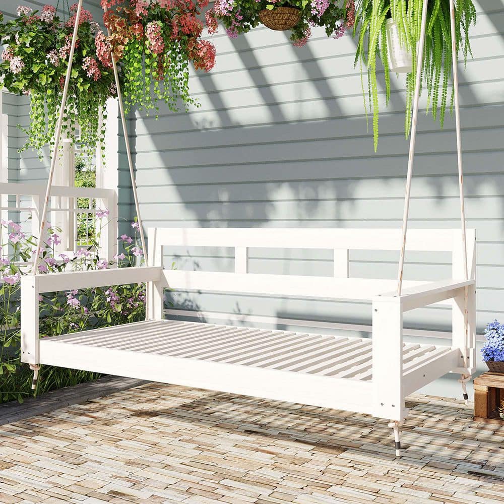 2-Person White Wood Porch Swing with 4 Hanging Ropes