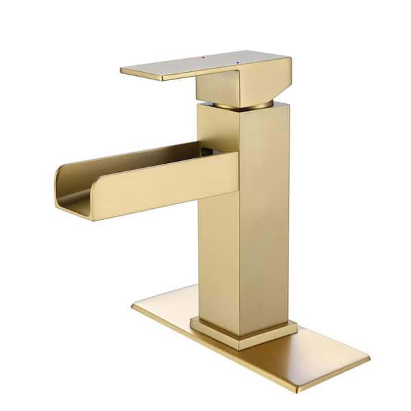 FLG Single-Handle Single-Hole Waterfall Bathroom Faucet Brass Sink Basin Taps with Deckplate Included in Brushed Gold