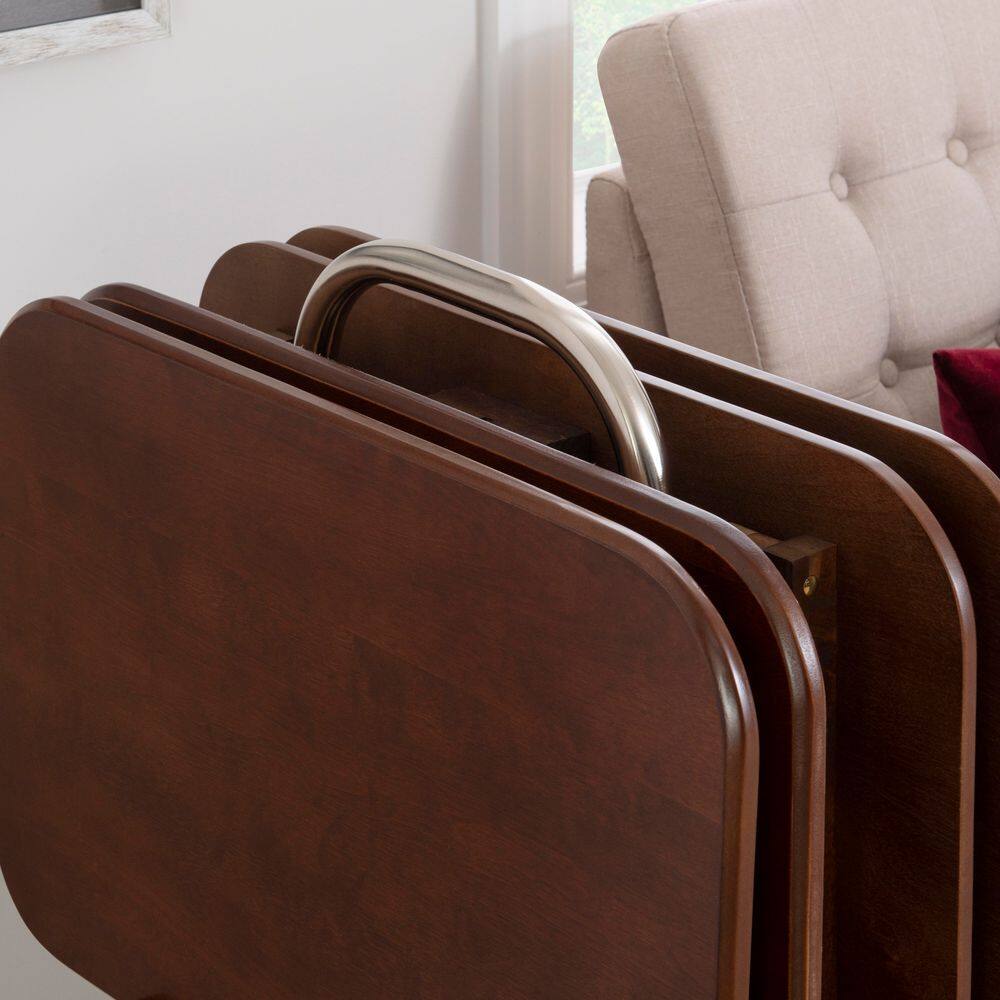 Hampden 5-Piece Folding Tray Table 15.72 in. Cherry Rectangle Wood End Table with Stand - thumbnail 7