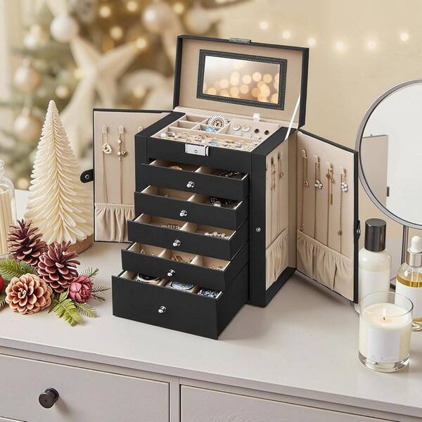 Black 10.2 in. x 12.6 in. Polyurethane Modern Jewelry Box with 5